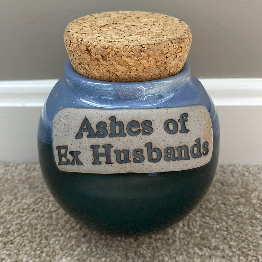 NWT Tumbleweed Pottery Blue Glaze Jar ASHES OF Ex Husband Cork Lid Divorce Funny